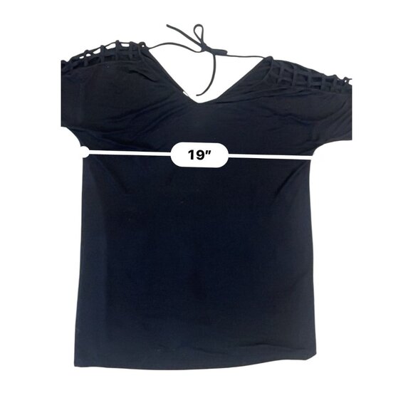 black tunic double V short sleeve open weave ladder accent swim cover top - Picture 2 of 6